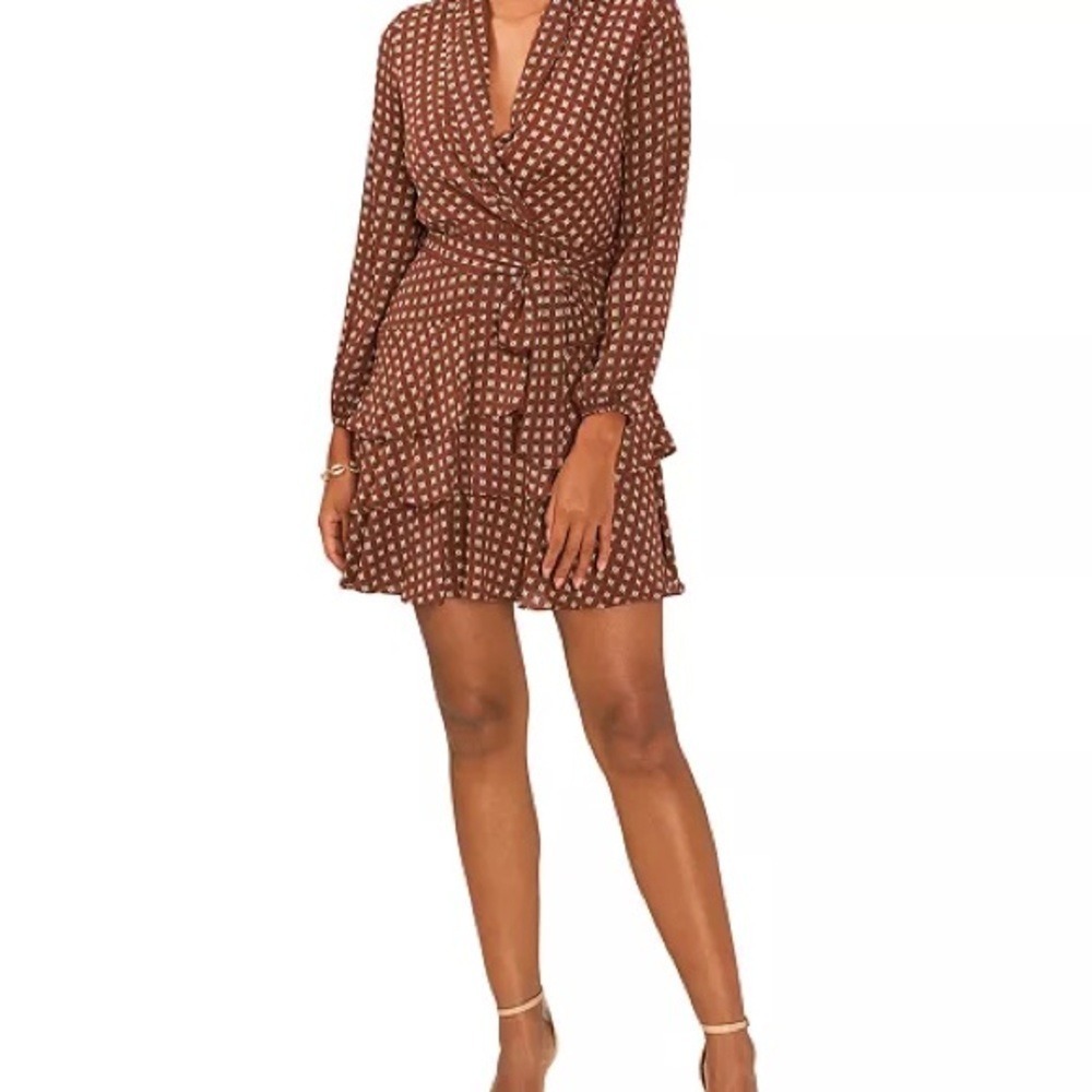 CeCe Brown Geometric Print Long Sleeve Tiered Ruffle Mini Dress XL RN90714 - Picture 10 of 10